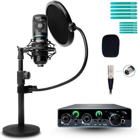 Movo PodPakT Universal Cardioid Condenser Microphone Kit with MDX-1 2x2 Audio Interface with Tabletop Mic Stand - Podcast Equipment Set for YouTube, Podcast, Streaming in Saudi Arabia