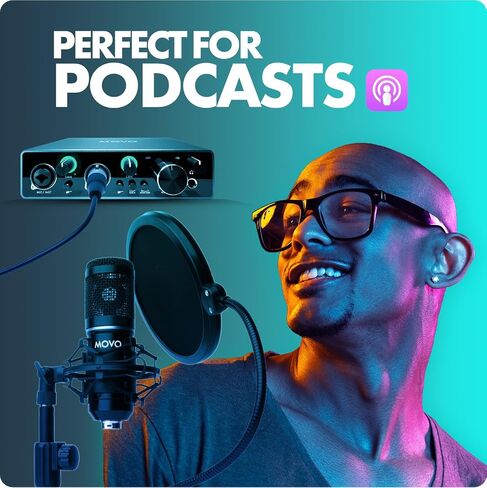 Movo PodPakT Universal Cardioid Condenser Microphone Kit with MDX-1 2x2 Audio Interface with Tabletop Mic Stand - Podcast Equipment Set for YouTube, Podcast, Streaming in Saudi Arabia