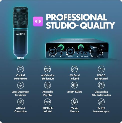 Movo PodPakT Universal Cardioid Condenser Microphone Kit with MDX-1 2x2 Audio Interface with Tabletop Mic Stand - Podcast Equipment Set for YouTube, Podcast, Streaming in Saudi Arabia