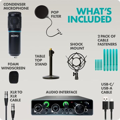 Movo PodPakT Universal Cardioid Condenser Microphone Kit with MDX-1 2x2 Audio Interface with Tabletop Mic Stand - Podcast Equipment Set for YouTube, Podcast, Streaming in Saudi Arabia