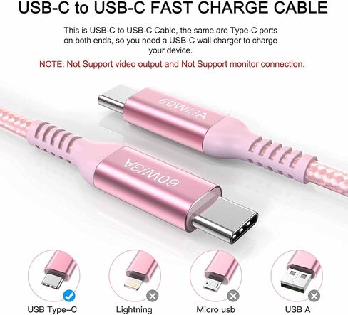 كابل USB C طويل إلى USB C بطول 15 قدم وردي، شحن سريع 60 وات، سلك شاحن USB من النوع C لأجهزة iPhone 15/15 Pro، iPad Pro Air 12.9 4th، MacBook Pro، PS5، Samsung Galaxy S23 S22، Note 20 10 Ultra، Google Pixel 7 in Kuwait