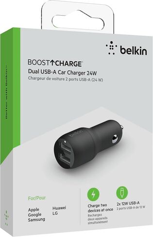 Belkin 24 Watt Dual USB Car Charger - 2 12W USB A Ports with Fast Charging for Apple iPhone 14, 14 Pro, 14 Pro Max, iPhone 13, 13 Pro, 13 Pro Max, Samsung Galaxy, AirPods & More - USB-C Charger in Kuwait