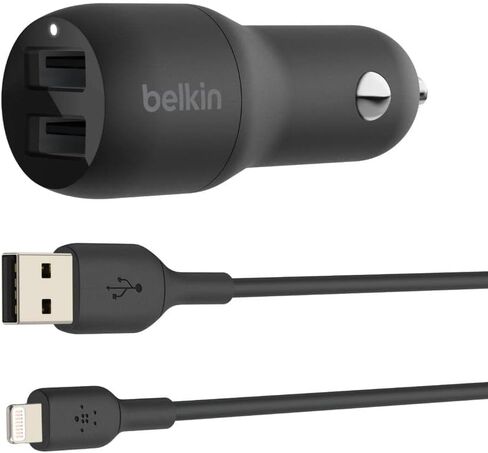 Belkin 24 Watt Dual USB Car Charger - 2 12W USB A Ports with Fast Charging for Apple iPhone 14, 14 Pro, 14 Pro Max, iPhone 13, 13 Pro, 13 Pro Max, Samsung Galaxy, AirPods & More - USB-C Charger in Kuwait