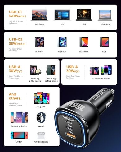 اوتاو شاحن سيارة USB C 165 واط، محول شحن سريع 3 منافذ PD3.1 140 واط بي بي اس 45 واط + بي دي 35 واط بي بي اس 25 واط + USB 30 واط نوع C شاحن جوال للسيارة لايفون 15 14 13 12 برو ماكس بلس، سامسونج، ايباد in Kuwait