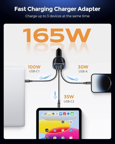 اوتاو شاحن سيارة USB C 165 واط، محول شحن سريع 3 منافذ PD3.1 140 واط بي بي اس 45 واط + بي دي 35 واط بي بي اس 25 واط + USB 30 واط نوع C شاحن جوال للسيارة لايفون 15 14 13 12 برو ماكس بلس، سامسونج، ايباد in Kuwait