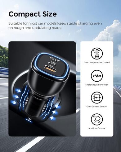 اوتاو شاحن سيارة USB C 165 واط، محول شحن سريع 3 منافذ PD3.1 140 واط بي بي اس 45 واط + بي دي 35 واط بي بي اس 25 واط + USB 30 واط نوع C شاحن جوال للسيارة لايفون 15 14 13 12 برو ماكس بلس، سامسونج، ايباد in Kuwait