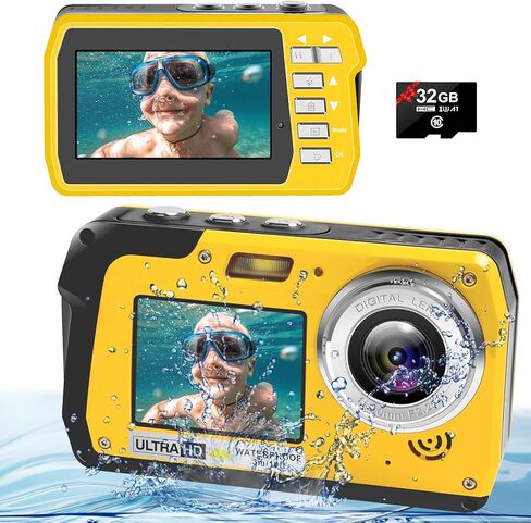 كاميرا 4K تحت الماء مع بطاقة 32 جيجابايت، كاميرا مقاومة للماء 11 قدم، 48 ميجابكسل ضبط تلقائي للصورة IPS شاشة مزدوجة (3 بوصة/2 بوصة) كاميرات سيلفي تحت الماء للغطس، كاميرا رقمية غطاء بطارية 1500 مللي أمبير سهل الفتح (أصفر) in Kuwait