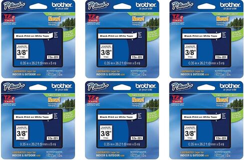 Brother Genuine P-Touch 6-Pack TZe-221 Laminated Tape, Black Print on White Standard Adhesive Laminated Tape for P-Touch Label Makers, Each Roll is 0.35"/9mm (~ 3/8") Wide, 26.2 (8M) Long in Saudi Arabia