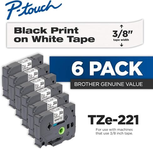 Brother Genuine P-Touch 6-Pack TZe-221 Laminated Tape, Black Print on White Standard Adhesive Laminated Tape for P-Touch Label Makers, Each Roll is 0.35"/9mm (~ 3/8") Wide, 26.2 (8M) Long in Saudi Arabia