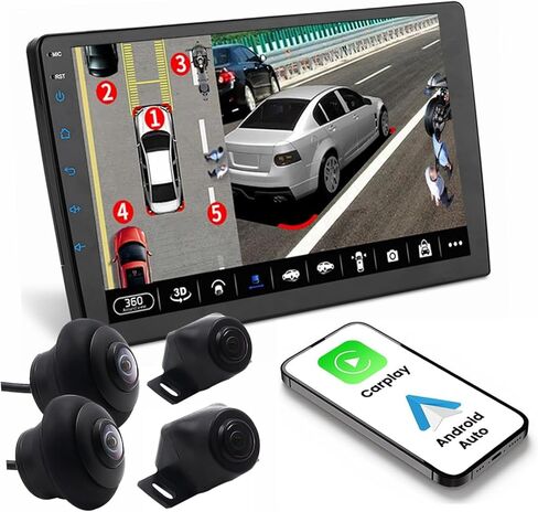 Actasian 4 Core Double Din Car Stereo Wireless Carplay Android Auto مع نظام كاميرا رؤية محيطية 360 درجة، راديو سيارة أندرويد بشاشة لمس 9 بوصة مع بلوتوث 5.0، DSP، WiFi، GPS، FM/RDS، SWC in Kuwait