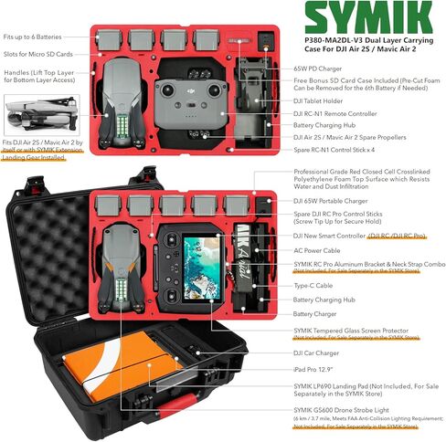 SYMIK P380-MA2DL-V3 حقيبة حمل صلبة مقاومة للماء بطبقة مزدوجة لـ DJI Air 2S / Mavic Air 2 Drone/Fly More Combo مع DJI RC/RC Pro/Smart أو RC-N1 وحدة التحكم القياسية، وسادة الهبوط، iPad، الملحقات in Kuwait