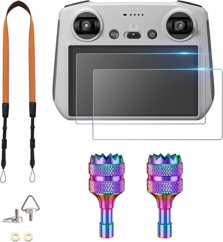 [3 in 1] Mini 4 Pro/Mini 3 Pro/Mini 3/Air 3 Accessories kit for DJI RC & RC 2, Neck Lanyard Strap + [2 Pack] Matte Glass Screen Protector + Control Sticks Joysticks for DJI Mini 4 Pro/Air 3/Mini 3/Mini 3 Pro (RC & RC 2)Remote Controller Accessories in Kuwait