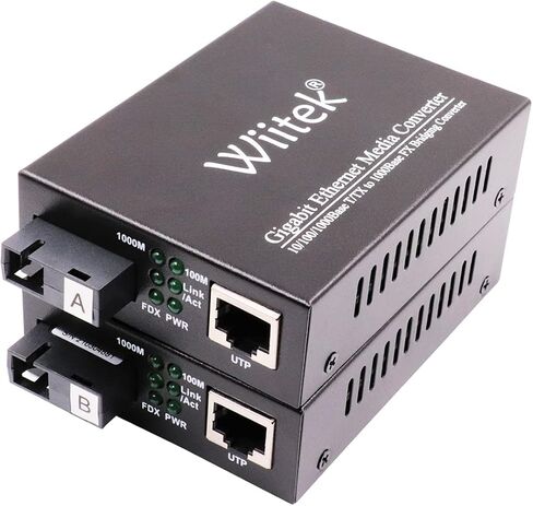 محول وسائط Wiitek 10/100/1000M من الألياف Ethernet، 10/100/1000Base-T/TX RJ45 إلى 1000Base-FX Gigabit Bridge Converter، ثنائي SC، وضع فردي، 1310 نانومتر حتى 20 كم in Kuwait