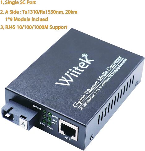 محول وسائط Wiitek 10/100/1000M من الألياف Ethernet، 10/100/1000Base-T/TX RJ45 إلى 1000Base-FX Gigabit Bridge Converter، ثنائي SC، وضع فردي، 1310 نانومتر حتى 20 كم in Kuwait