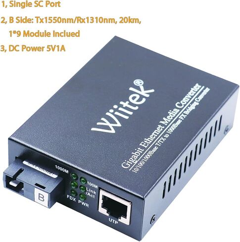 محول وسائط Wiitek 10/100/1000M من الألياف Ethernet، 10/100/1000Base-T/TX RJ45 إلى 1000Base-FX Gigabit Bridge Converter، ثنائي SC، وضع فردي، 1310 نانومتر حتى 20 كم in Kuwait