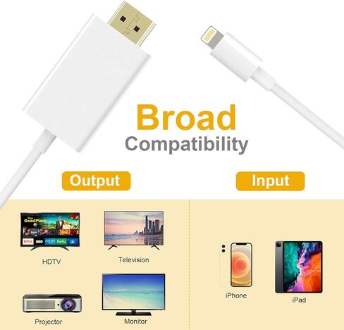 [معتمد من MFI] محول إضاءة إلى HDMI للهاتف بالتلفزيون ، متوافق مع iPhone ، iPad ، Sync Screen Connector Direct Connect on HD TV/شاشة/جهاز عرض لا تحتاج إلى مصدر طاقة (4.9FT) أبيض in Kuwait