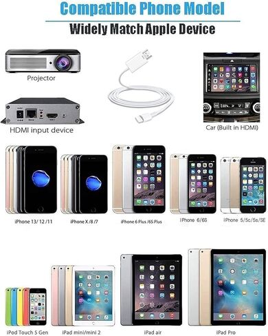 [معتمد من MFI] محول إضاءة إلى HDMI للهاتف بالتلفزيون ، متوافق مع iPhone ، iPad ، Sync Screen Connector Direct Connect on HD TV/شاشة/جهاز عرض لا تحتاج إلى مصدر طاقة (4.9FT) أبيض in Kuwait