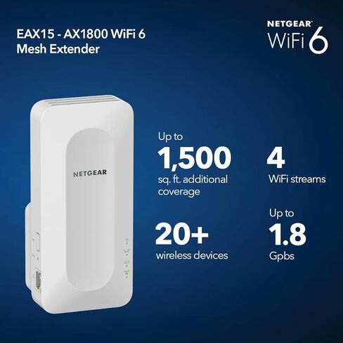 NETGEAR EAX15 AX1800 WIFI 6 شبكة موسع نطاق توصيل الحائط ومعزز الإشارة أبيض (متجدد) in Kuwait