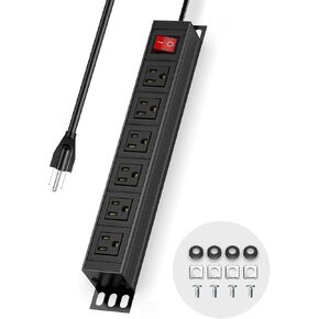 QBA 6 Outlet Metal Power Strip, Heavy Duty Wall Mount Power Strip, Wide Spaced Power Strip for Office School Workshop, 10FT Power Cord, 15A 125V 1875W, Black