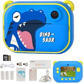 Kids Camera Instant Print Camera Christmas Birthday Gifts for Boys Toy Blue Dinosaur Camera Print Photo Camera with 3 Rolls Paper and 32GB TF Card