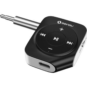 محول Aux بلوتوث للسيارة من SONRU، محول استقبال الصوت اللاسلكي بخاصية إلغاء الضوضاء، جهاز استقبال بلوتوث 5.0 للستيريو المنزلي/المكالمات بدون استخدام اليدين/سماعات الرأس السلكية/مكبر صوت سلكي، عمر البطارية 16 ساعة in Kuwait