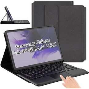 حافظة كيبورد لجهاز سامسونج جالكسي تاب اس 7 اف اي 12.4 انش 2021 - غطاء كيبورد لاسلكي مقاوم للماء وقابل للفصل لجهاز تابلت تاب S7 FE SM-T730/T733/T736/T738 مع حامل قلم اس - اسود in Kuwait