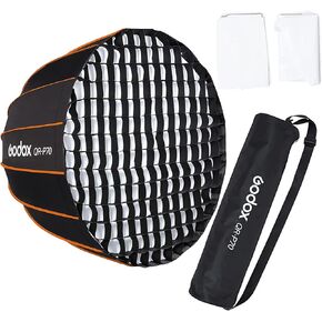 Godox QR-P90 35.5 بوصة Parabolic Softbox Bowens Mount، إعداد سريع قابل للطي، مع ناشر أمامي وداخلي وحقيبة حمل لـ Godox SL60W VL150 UL150 SL150II SZ150 وغيرها من مصابيح Bowen Mount... in Kuwait