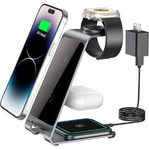 Wireless Charging Station, RR SPORTS Fast 3 in 1 Wireless Charger, Aluminum Alloy Charger Stand for iPhone 15/14/13/12/11 Pro Max/X/Xs Max,iWatch Ultra/9/8/7/6/SE/5/4/3/2,AirPods Pro 2/Pro/3/2(Grey) in Kuwait