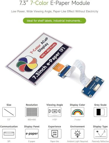 Waveshare 7.3inch ACeP 7-Color E-Paper E-Ink Raw Display, 800×480 Pixels, Raw E-Paper Display, with Driver Board in Kuwait