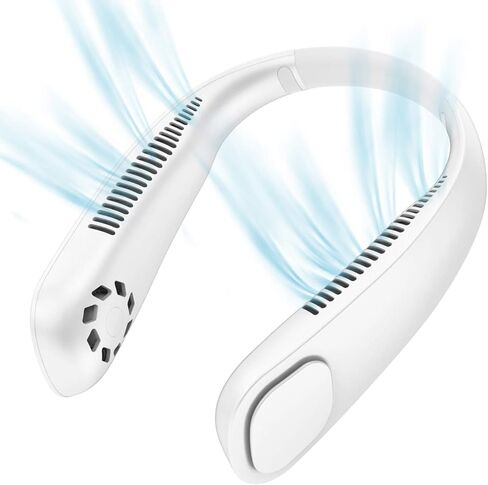 مروحة الرقبة المحمولة، iHoven Personal Mini USB بدون شفرات مروحة الرقبة 20 ساعة لعب 9000 مللي أمبير قابلة لإعادة الشحن بدون استخدام اليدين، قلادة بدون شعر مجعد يمكن ارتداؤها للتخييم والمشي لمسافات طويلة والسفر في الهواء الطلق (أبيض) in Kuwait