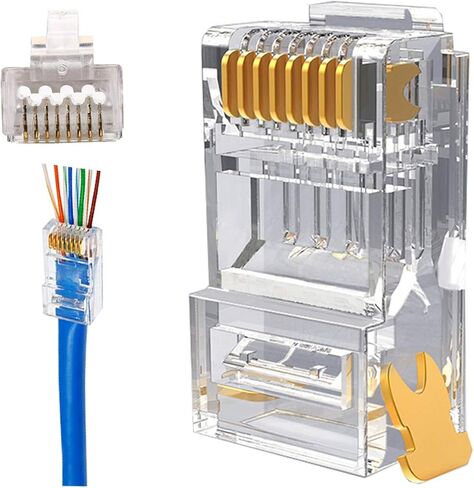 PETECHTOOL RJ45 23awg Cat6a Cat6 Pass Through Connectors Gold Plated 8P8C Modular Ethernet UTP Network Cable Plug for 23awg to 24awg Cables-50 Packs in Kuwait