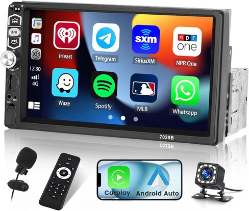 Roinvou Single Din Car Stereo مع Apple Carplay Android Auto 7 بوصة LCD تعمل باللمس مستقبل صوت السيارة يدعم وصلة مرآة راديو FM بلوتوث SWC كاميرا احتياطية وتحكم عن بعد وميكروفون داخلي in Kuwait