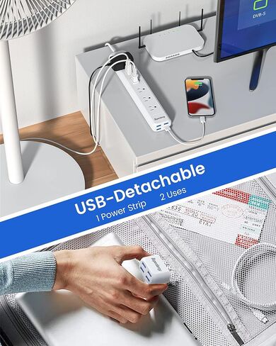 شريط طاقة مع 4 منافذ USB، واقي تصاعد 6 منافذ SUPERDANNY، قابس مسطح بسلك تمديد بطول 4 أقدام، 900 جول، موسع مخرج مثبت على الحائط للمنزل/المكتب/أساسيات النوم، أسود in Kuwait