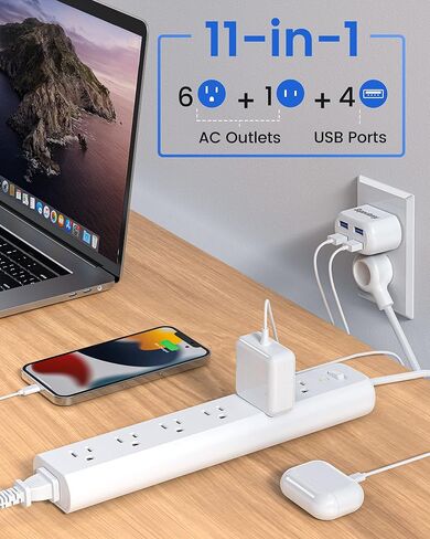 شريط طاقة مع 4 منافذ USB، واقي تصاعد 6 منافذ SUPERDANNY، قابس مسطح بسلك تمديد بطول 4 أقدام، 900 جول، موسع مخرج مثبت على الحائط للمنزل/المكتب/أساسيات النوم، أسود in Kuwait