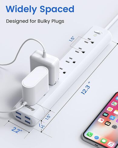 شريط طاقة مع 4 منافذ USB، واقي تصاعد 6 منافذ SUPERDANNY، قابس مسطح بسلك تمديد بطول 4 أقدام، 900 جول، موسع مخرج مثبت على الحائط للمنزل/المكتب/أساسيات النوم، أسود in Kuwait