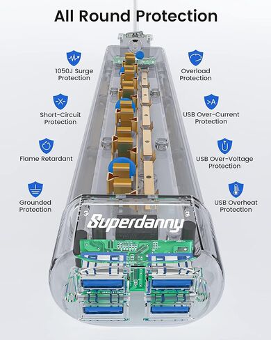 شريط طاقة مع 4 منافذ USB، واقي تصاعد 6 منافذ SUPERDANNY، قابس مسطح بسلك تمديد بطول 4 أقدام، 900 جول، موسع مخرج مثبت على الحائط للمنزل/المكتب/أساسيات النوم، أسود in Kuwait