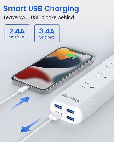 شريط طاقة مع 4 منافذ USB، واقي تصاعد 6 منافذ SUPERDANNY، قابس مسطح بسلك تمديد بطول 4 أقدام، 900 جول، موسع مخرج مثبت على الحائط للمنزل/المكتب/أساسيات النوم، أسود in Kuwait