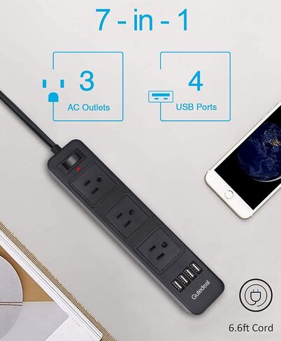 شريط طاقة ذو شقين مع USB، ومحول مخرج ذو شقين إلى 3 شقوق مع 4 منافذ USB سلك تمديد بطول 6.6 قدم، و3 منافذ تيار متردد لحماية التيار المتردد للهواتف الذكية والأجهزة اللوحية في المنزل والمكتب والفندق، أبيض in Kuwait