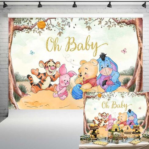 Oh Baby Pooh Backdrop Vintage Pooh Bear Baby Shower Background Classic Winnie and Friends Party Decorations Newborn Birthday Background 5x3 ft 173 in Saudi Arabia