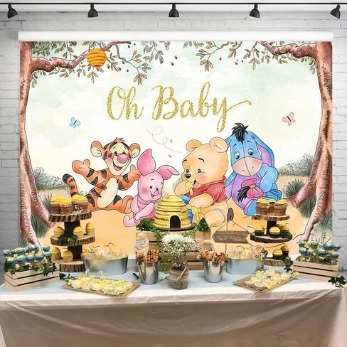 Oh Baby Pooh Backdrop Vintage Pooh Bear Baby Shower Background Classic Winnie and Friends Party Decorations Newborn Birthday Background 5x3 ft 173 in Saudi Arabia