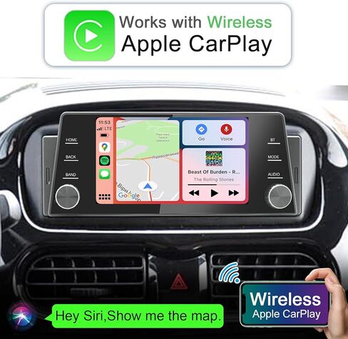راديو ستيريو للسيارة بدين واحد لاسلكي CarPlay Wireless Android Auto، وحدة رأسية تعمل باللمس مقاس 5 بوصة مع وصلة مرآة، ملاحة GPS، نوع C USB، بلوتوث/FM/SWC/MIC in Kuwait