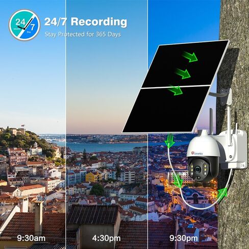 كاميرا مراقبة تسجيل 24/7 من Ctronics مع لوحة شمسية 20 وات وبطارية مدمجة 20000 مللي أمبير في الساعة، وكاميرا رؤية 360 درجة، تعمل بالطاقة الشمسية في الهواء الطلق مع رؤية ليلية ملونة، واكتشاف الإنسان، وغطاء معدني، IP66 in Kuwait
