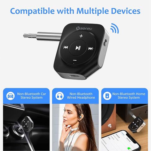 محول Aux بلوتوث للسيارة من SONRU، محول استقبال الصوت اللاسلكي بخاصية إلغاء الضوضاء، جهاز استقبال بلوتوث 5.0 للستيريو المنزلي/المكالمات بدون استخدام اليدين/سماعات الرأس السلكية/مكبر صوت سلكي، عمر البطارية 16 ساعة in Kuwait