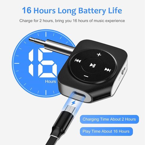 محول Aux بلوتوث للسيارة من SONRU، محول استقبال الصوت اللاسلكي بخاصية إلغاء الضوضاء، جهاز استقبال بلوتوث 5.0 للستيريو المنزلي/المكالمات بدون استخدام اليدين/سماعات الرأس السلكية/مكبر صوت سلكي، عمر البطارية 16 ساعة in Kuwait