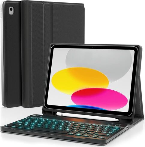 حافظة EVEO iPad الجيل العاشر مع لوحة مفاتيح - حافظة iPad مع لوحة مفاتيح 10.9 بوصة - (2022) - حافظة iPad الجيل العاشر، حافظة لوحة مفاتيح iPad الجيل العاشر، حافظة iPad، حامل أقلام مدمج - أسود in Kuwait