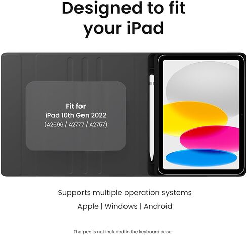 حافظة EVEO iPad الجيل العاشر مع لوحة مفاتيح - حافظة iPad مع لوحة مفاتيح 10.9 بوصة - (2022) - حافظة iPad الجيل العاشر، حافظة لوحة مفاتيح iPad الجيل العاشر، حافظة iPad، حامل أقلام مدمج - أسود in Kuwait