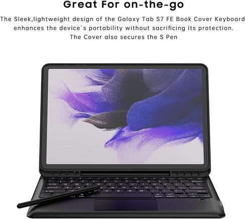 حافظة كيبورد لجهاز سامسونج جالكسي تاب اس 7 اف اي 12.4 انش 2021 - غطاء كيبورد لاسلكي مقاوم للماء وقابل للفصل لجهاز تابلت تاب S7 FE SM-T730/T733/T736/T738 مع حامل قلم اس - اسود in Kuwait