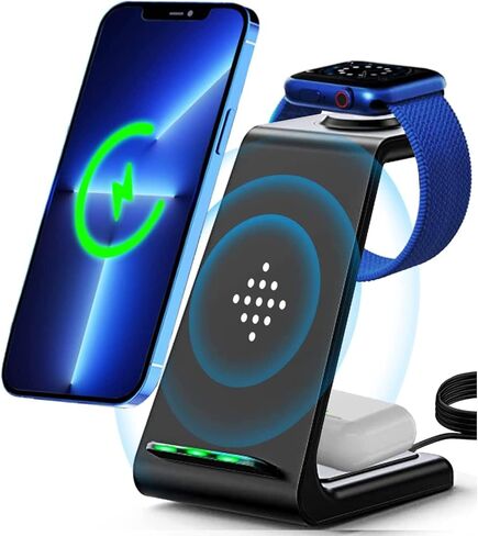 شاحن لاسلكي، قاعدة شحن لاسلكية سريعة 3 في 1 معتمدة من Qi لأجهزة Apple iWatch 6/5/4/3/2، iPhone 15/15 Plus/15 Pro Max/14/13/12/11/XR/XS/ X/8، AirPods Pro (مع محول الشحن السريع) in Kuwait