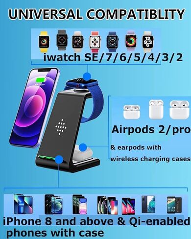 شاحن لاسلكي، قاعدة شحن لاسلكية سريعة 3 في 1 معتمدة من Qi لأجهزة Apple iWatch 6/5/4/3/2، iPhone 15/15 Plus/15 Pro Max/14/13/12/11/XR/XS/ X/8، AirPods Pro (مع محول الشحن السريع) in Kuwait