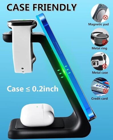 شاحن لاسلكي، قاعدة شحن لاسلكية سريعة 3 في 1 معتمدة من Qi لأجهزة Apple iWatch 6/5/4/3/2، iPhone 15/15 Plus/15 Pro Max/14/13/12/11/XR/XS/ X/8، AirPods Pro (مع محول الشحن السريع) in Kuwait